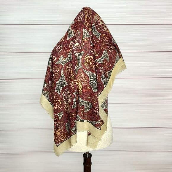 Wool Square Scarf Lightweight Tan Brown Plum Paisley Print Made in Italy 33x33” - Picture 7 of 8